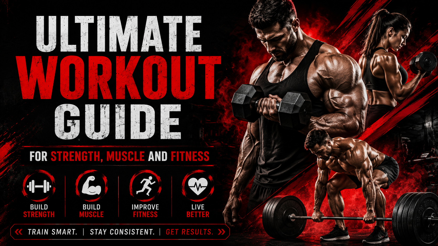 Ultimate Workout Guide for Strength, Muscle and Fitness featuring weight training, dumbbell curls, deadlifts and full-body gym workout exercises.